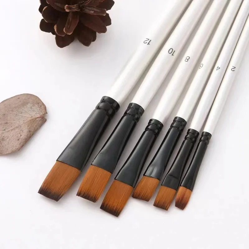 6pcs Pearl White Barrel Nylon Oil Brush Round Flat Hair Shape With Wood Handle Painting Brush Wholesale
