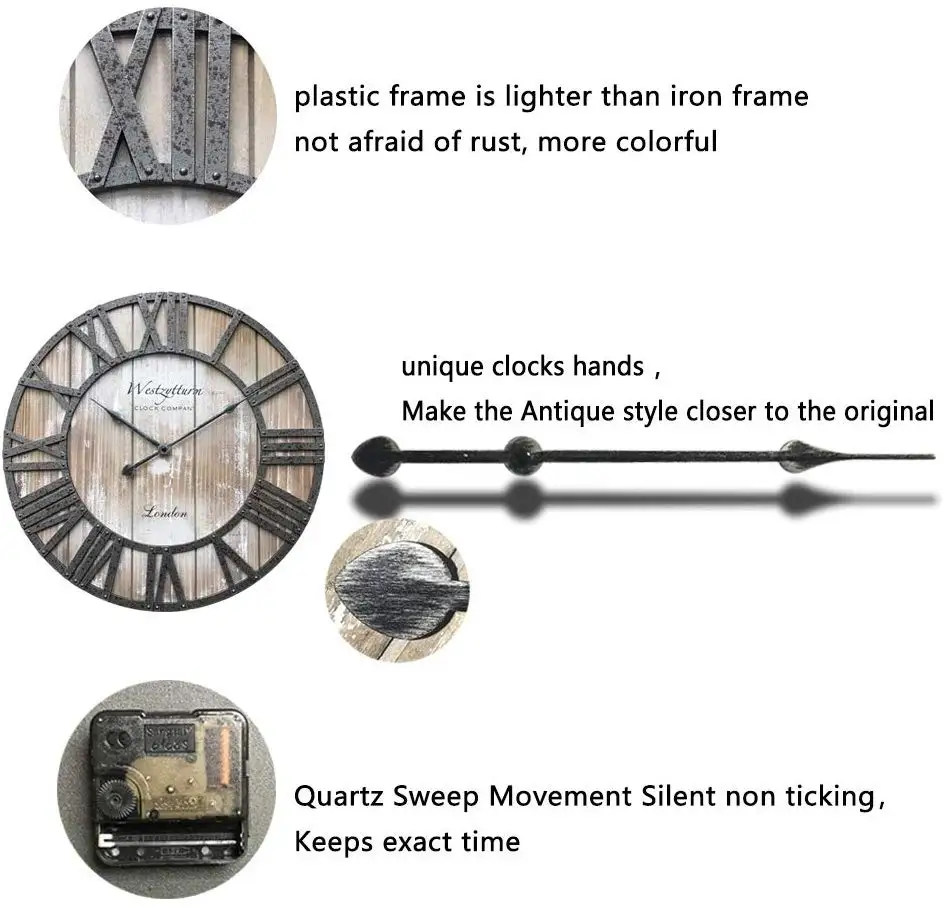 Wood Clock 18 inches Large Farmhouse Wooden Wall Clock Rustic Decorative Antique Battery Operated Non Ticking Round Big Clocks