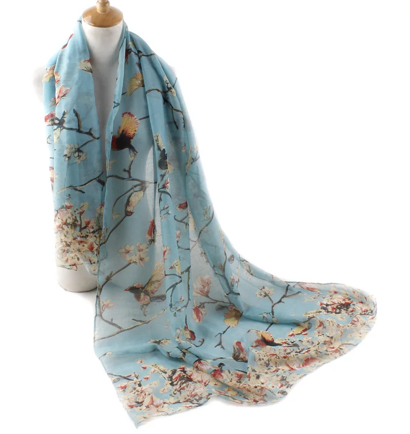 Hot Selling Explosive New Style Animal Elegant Summer Scarf Branch And Bird Print Scarfs For Women