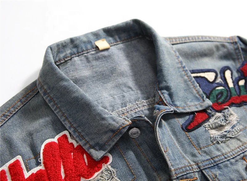 brand design hip hop streetwear denim fancy patches embroidery ripped jean jacket for men