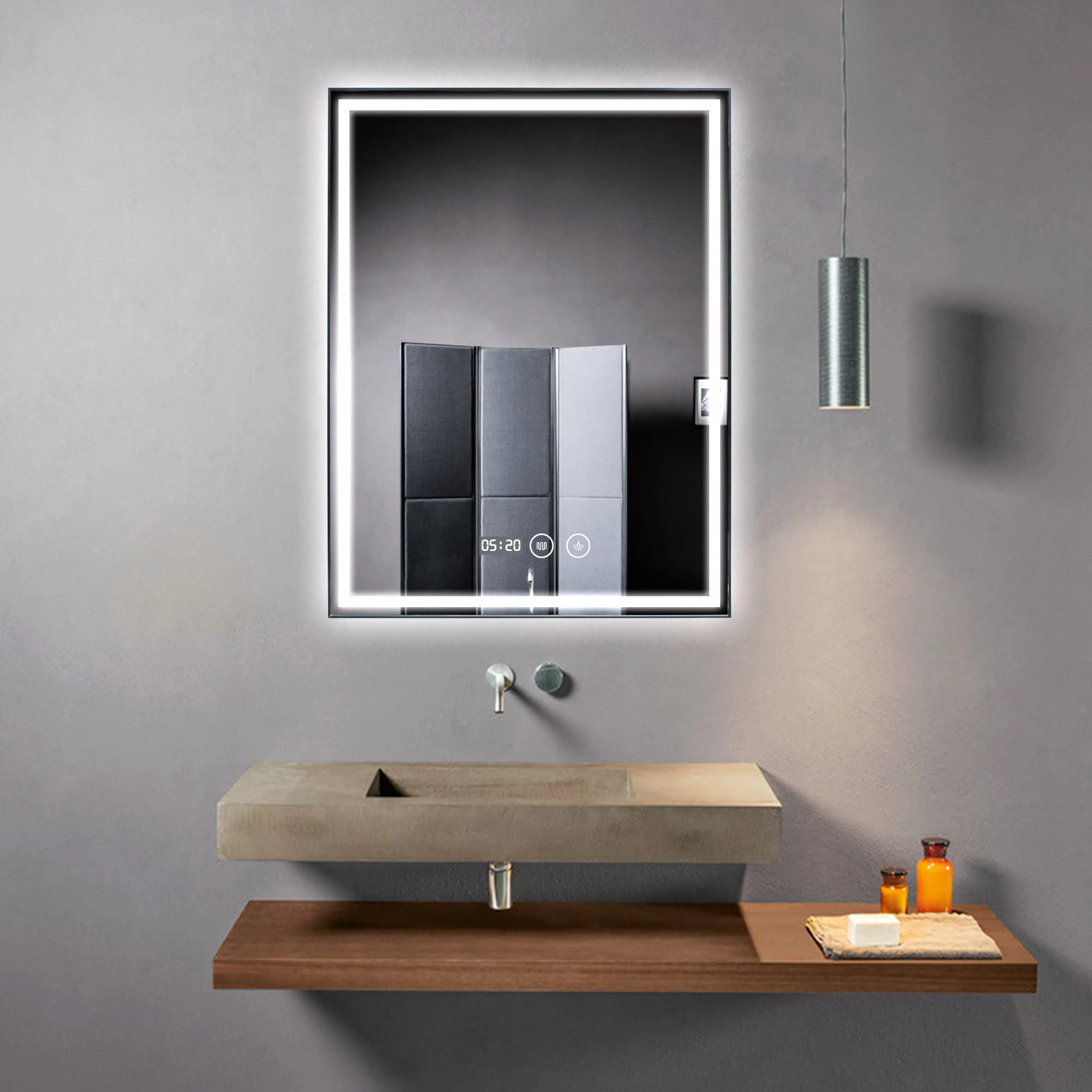 Rectangle Front Light and Backlit LED Smart Bathroom Mirror with Touch Screen and Anti Fog Function for Home and Hotel Bath Use
