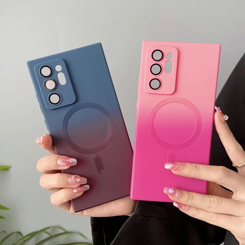 for Magsafe Samsung Galaxy S23 S22 S21 Ultra Wireless Charging With Lens Protection Magnetic Gradient Color Liquid Silicone Case