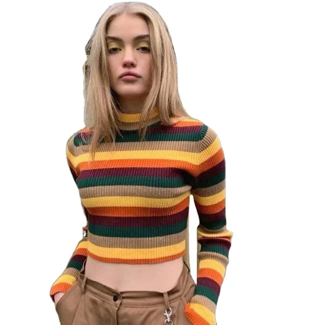Autumn Casual Rainbow Slim Fit Turtleneck Long Sleeve Pullovers Knit Sweater Stripe Top