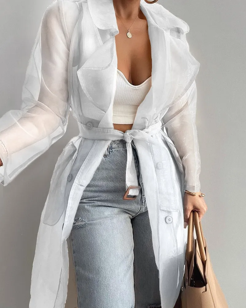 Fashion Lapel Collar Cardigan Bandage See Through Sun Protection Coat Women Casual Outdoor Hioliday Cover Jacket Summer