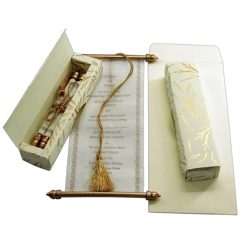 Customize Creative Luxurious Box Tassel Unique Rolling Engagement Book Gold Content Paper Scroll Wedding Invitation Cards