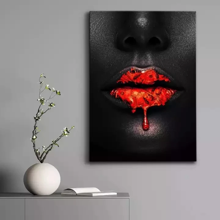 Creative Red Lips Dollar Drip Canvas Painting Art Black African Woman Lip Canvas Wall Painting