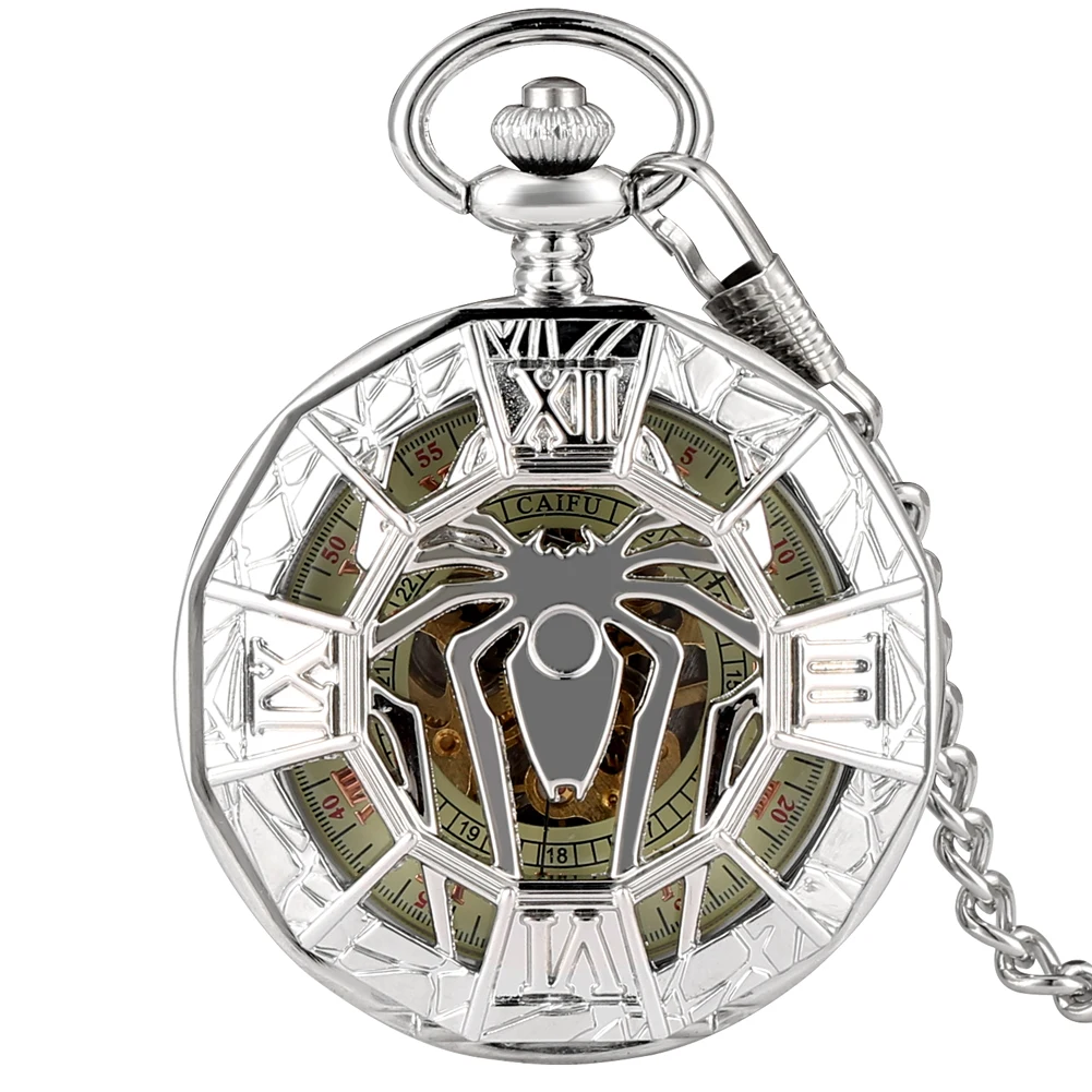 Antique Hollow Spider Silver Fob Chain Clock Steampunk Skeleton Mechanical Pocket Watch for Men