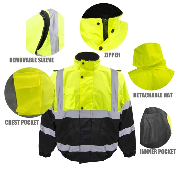 ZUJA Waterproof Pockets Detachable Hood and Sleeve Safety Bomber Jacket