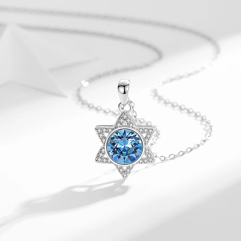 Women Jewish Jewelry 925 Sterling Silver Blue Aquamarine Zircon Star Pendant Star Of David Necklace for Holiday Gifts
