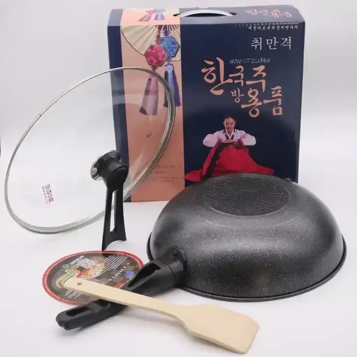 Kitchen 32cm Korea Wok Fry Pan Non Stick Wok Medical Stone Coating Non Stick Iron Cooker Wok
