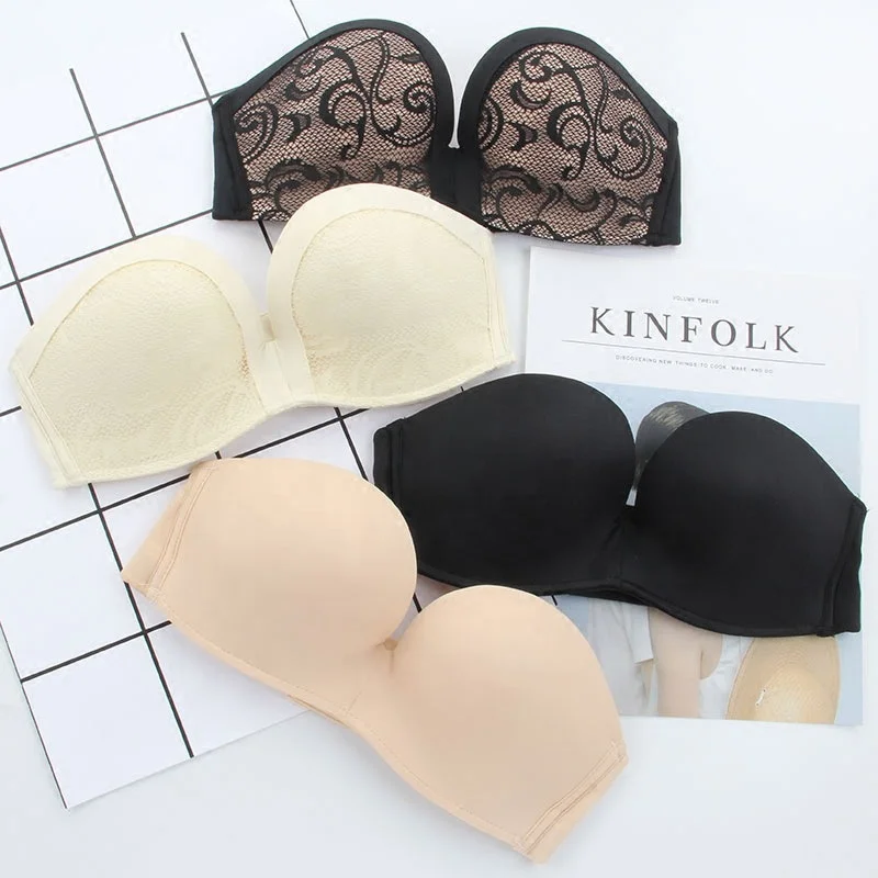 
1908 Plus Size Women Anti-slip Sexy Wireless Anti-skid Lace Fancy Girl Backless Tube Top Invisible Strapless Push Up Bra 