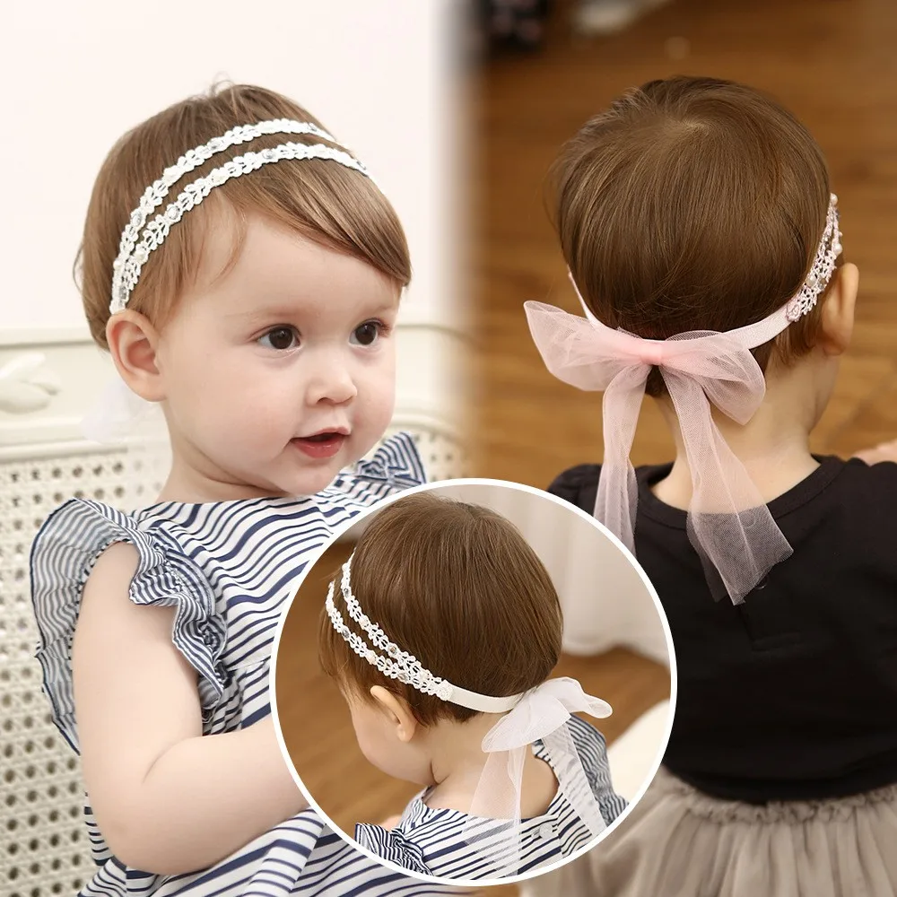 Wholesale Little Girls Hair Accessories Solid Colors Lace Hairband with Bow. Rhinestone Lace Headband