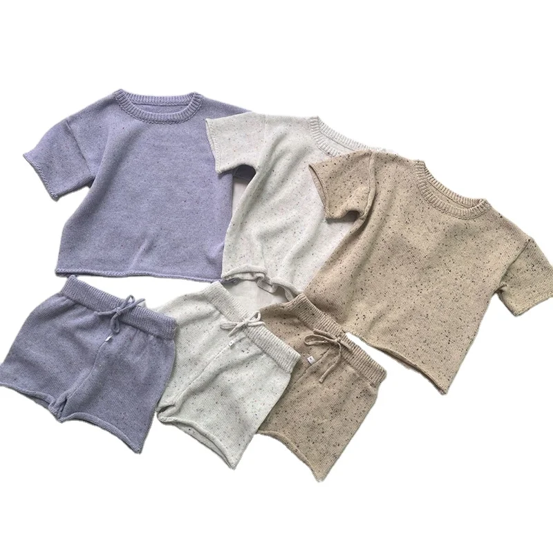 Speckle Cotton Knitted Sweater Short Sleeve Tee Shorts 2 Pcs Set Boy Children Clothing