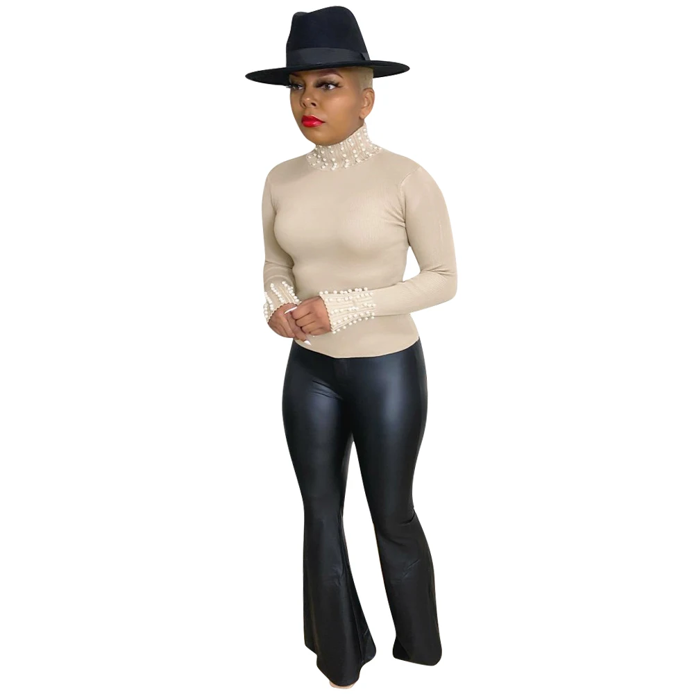 Winter pearl ribbed elastic high neck long sleeve crop top shirt