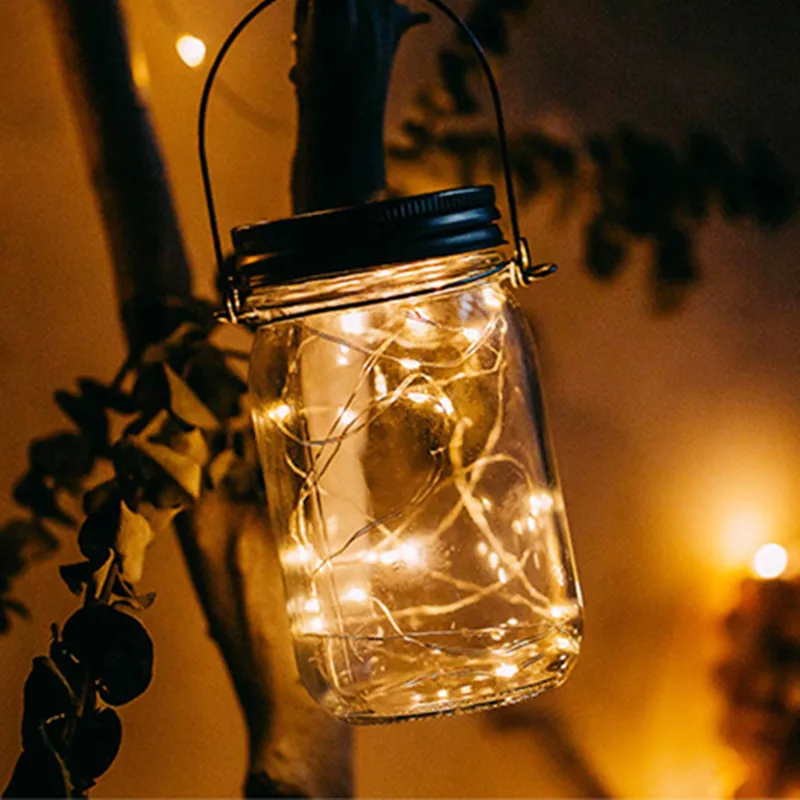 Energy Saving Rechargeable Solar Powered Lid Mason Glass Jar 2m 20LED Copper Wire String Light With Handle