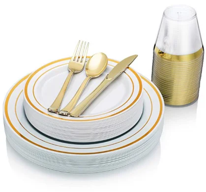 Plate Knife Fork Spoon Cups Napkin Wholesale Gold Disposable Plastic Tableware Set Custom Fancy Dinnerware Set for Wedding