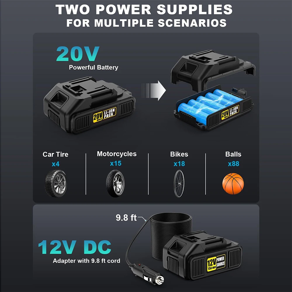 Dual Power Rechargeable Digital Air Pump with with Battery Level Display Bike Tire Inflator Car Air Compressor
