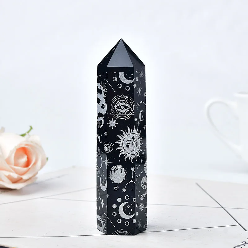 Natural Crystal Carved Obsidian Star-Moon Crystal Tower Crystal Point Healing Stone Hexagonal Obelisk