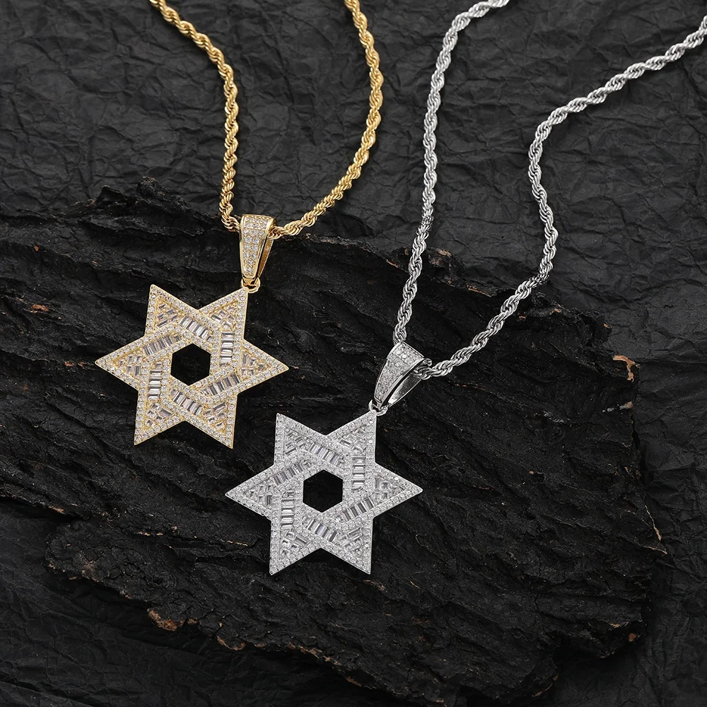 Fashion Man Jewelry Brass Micro Pave Zircon Hexagram Hollow-out Star of David Hollow Star Pendant  For Man Hip Hop Necklace