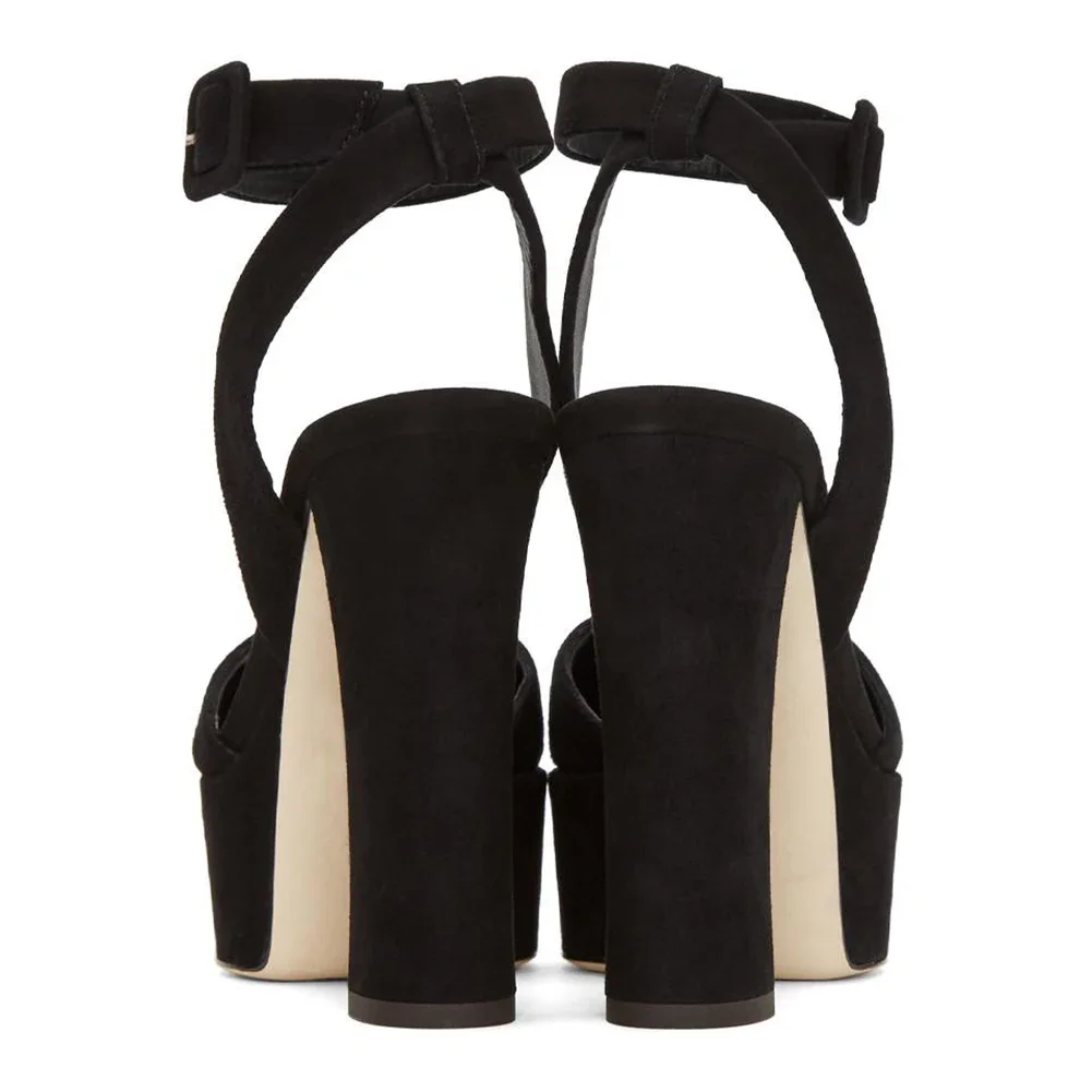 Women Black Faux Suede Round Toe Chunky Heel Slingbacks Platform High Heel Pumps Evening Dress Heels Ladies Summer Shoes
