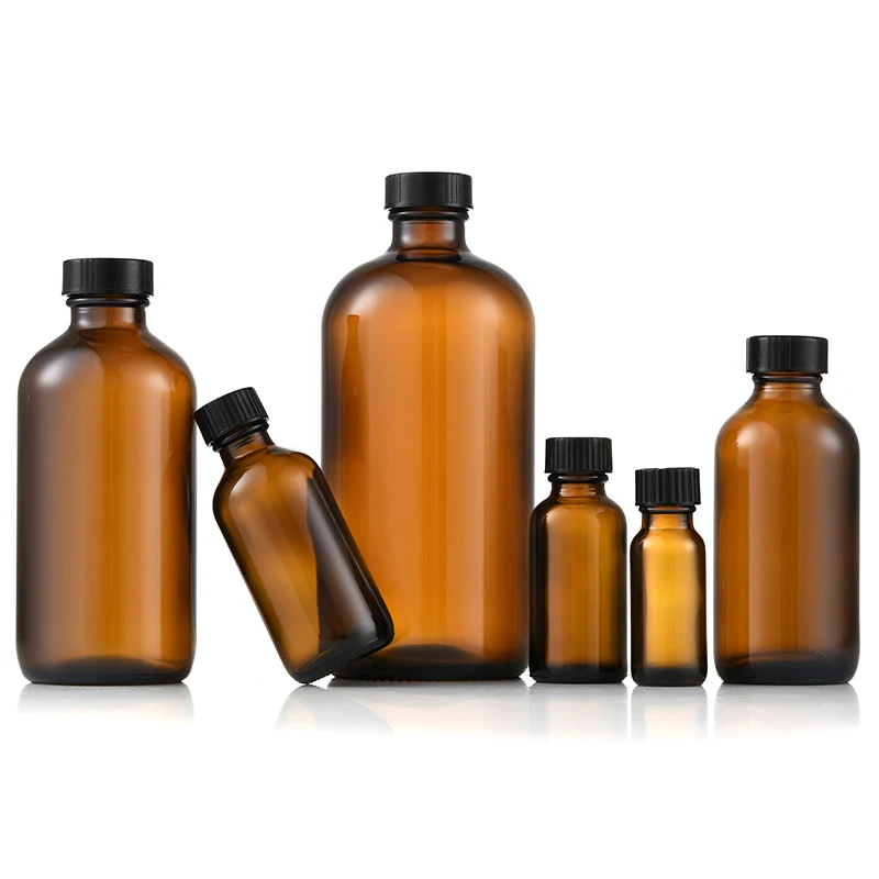 Amber Boston Bottles 1oz 8oz 16oz Empty Glass Essence Bottle Essential Oil Bottle with Black Poly Cone Cap