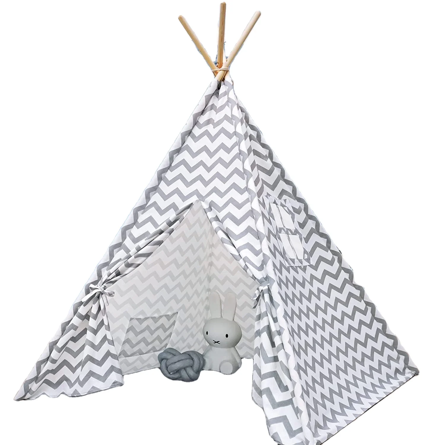 Grey Canvas Tepee Tent with Mat & Light String, Kids Foldable Play Tent for Indoor Outdoor Portable Playhouse