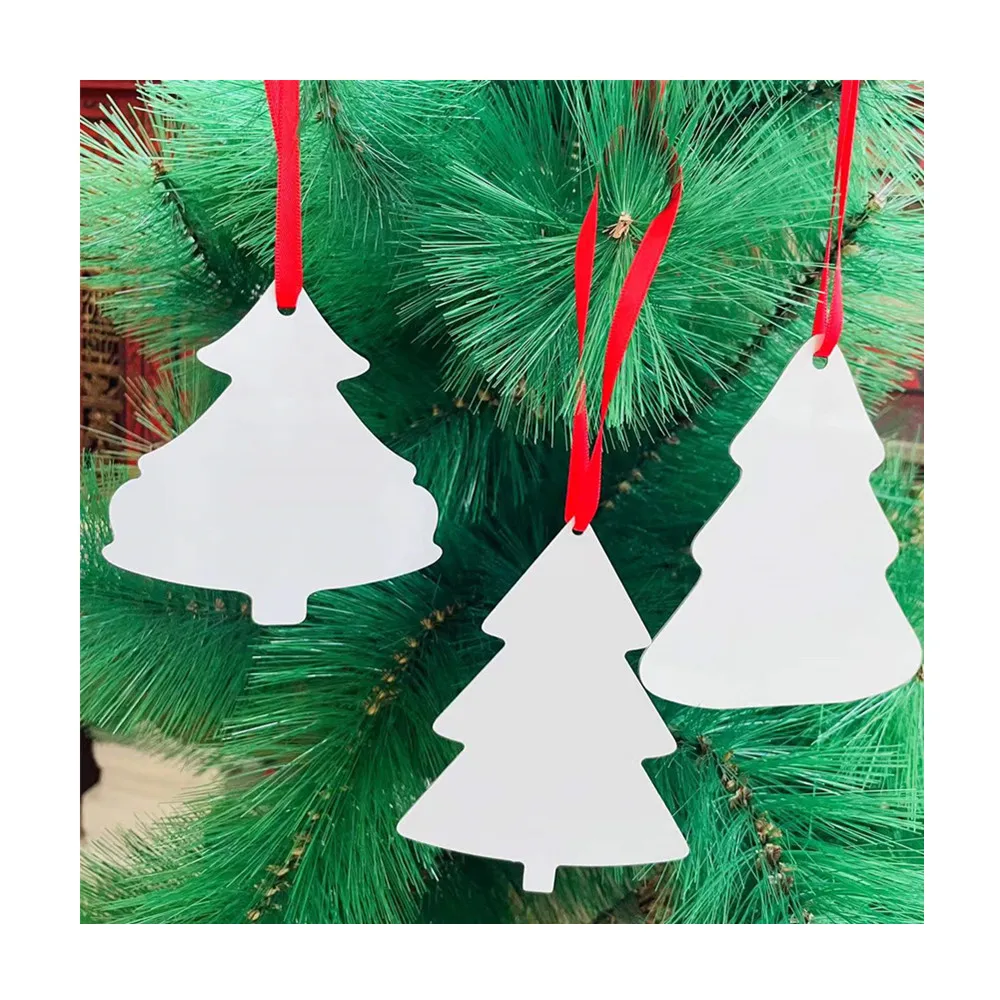Hot Sales Two Sided Tree Shaped Sublimation Aluminum Christmas Ornament White Gloss Printable Sublimation Metal Ornaments