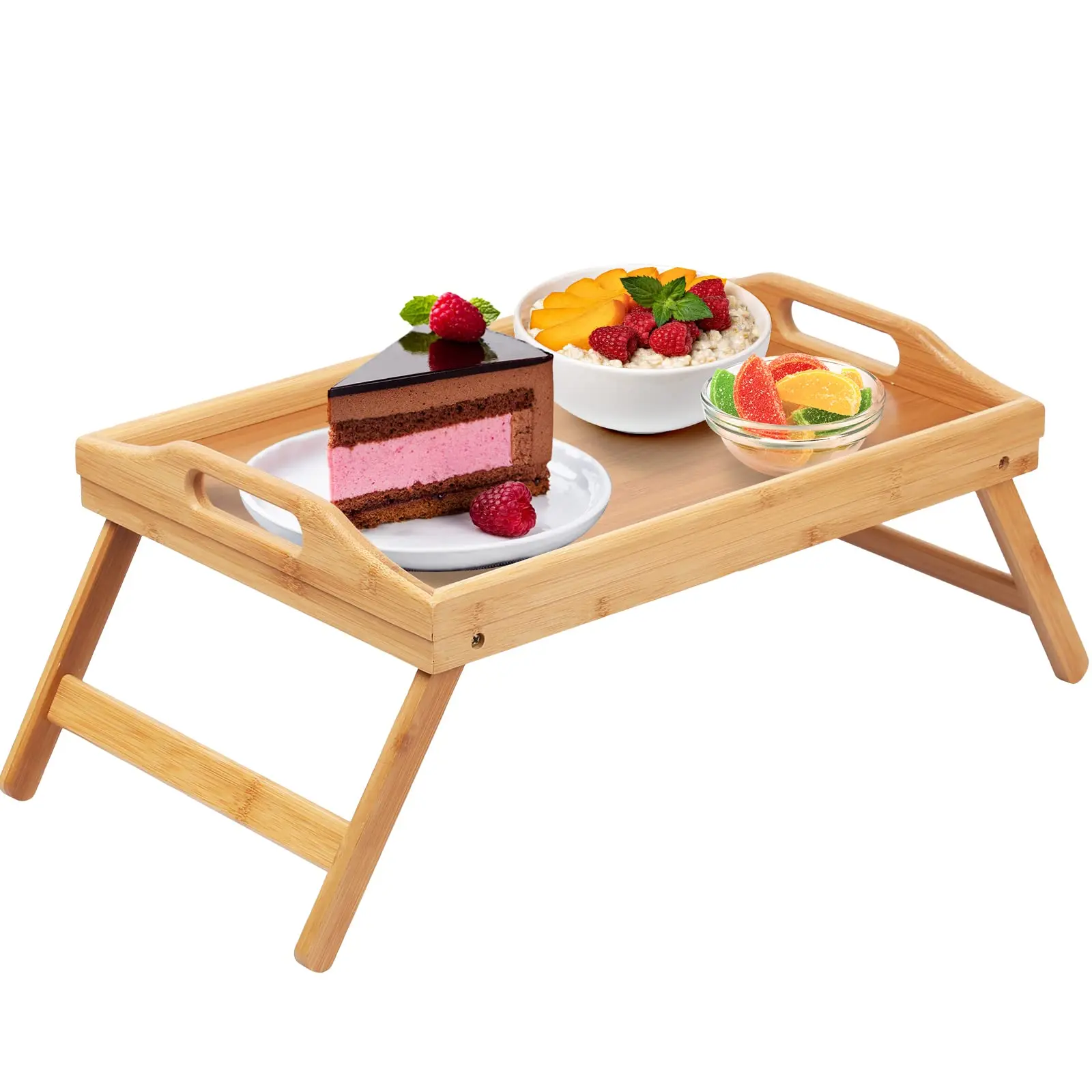 Folding Legs Bamboo Bed Tray Table with Handles for Sofa Breakfast & Kitchen Dining Plate & Dish Packaging Tray