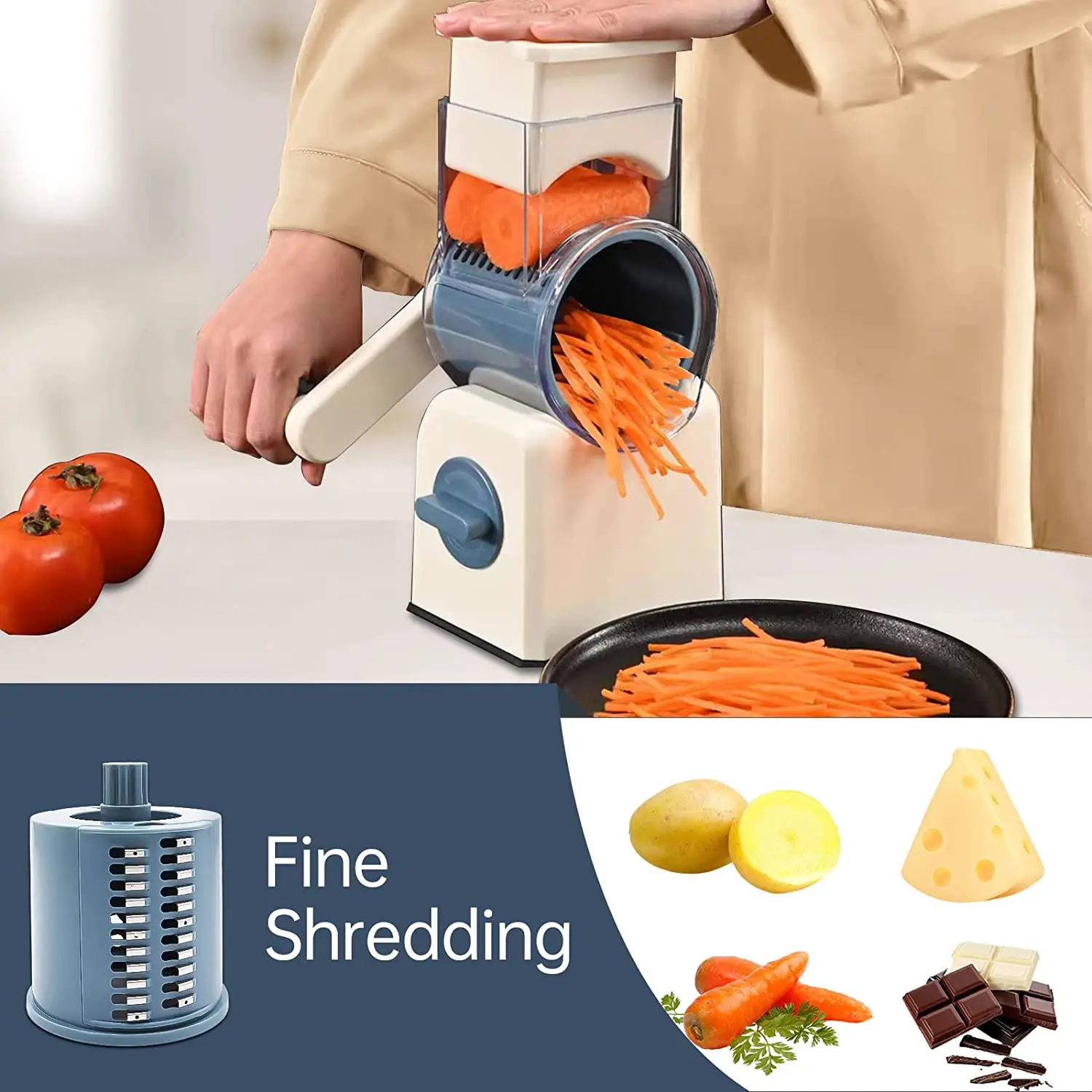 Kitchen 3 In 1 Manual Drum Rotary Cheese Grater Round Mandoline Vegetable Cutter/Slicer/Chopper Safe Food Grinder