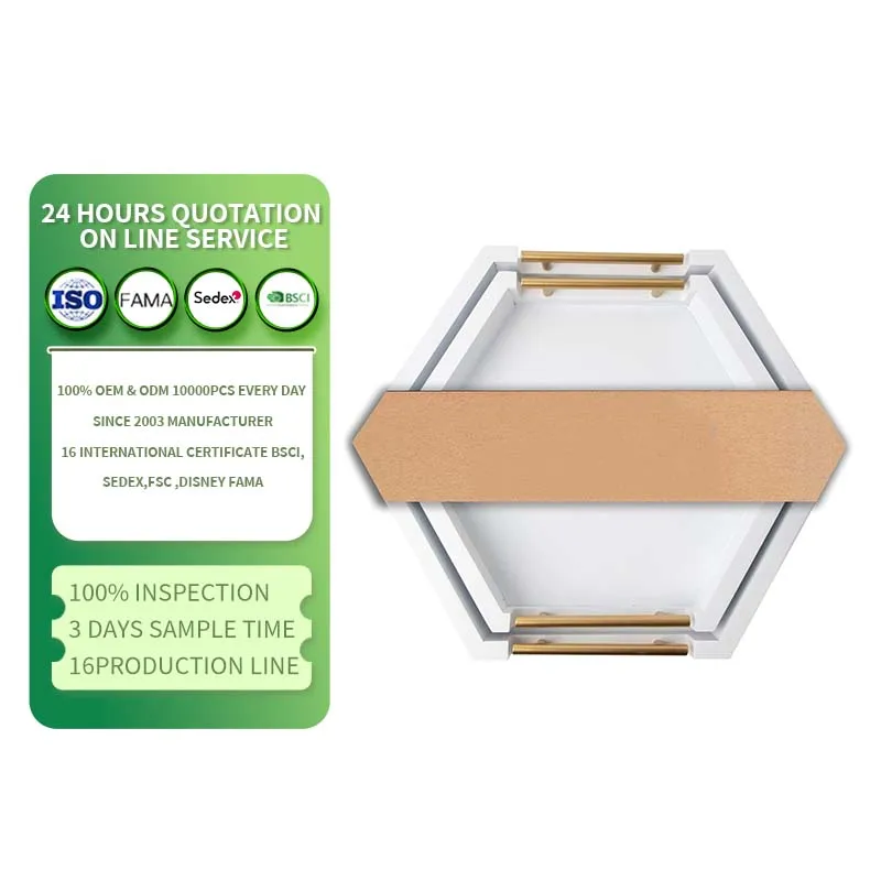 Wooden white tray with gold handle, wooden hexagonal nested tray suitable for food decoration, coffee table