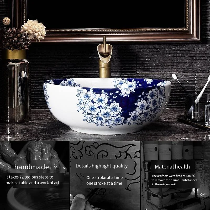 Blue and white Jingdezhen sakura ceramic sink wash basin Ceramic Counter Top Wash Basin Bathroom Sinks