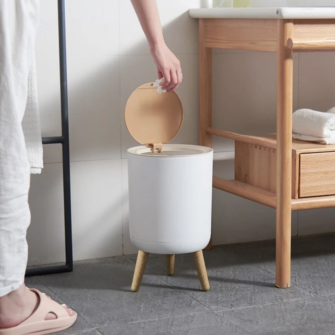 Wholesale Plastic Office Manual Open Modern Waste Bins Kitchen Bathroom Trash Can With Wooden Lid