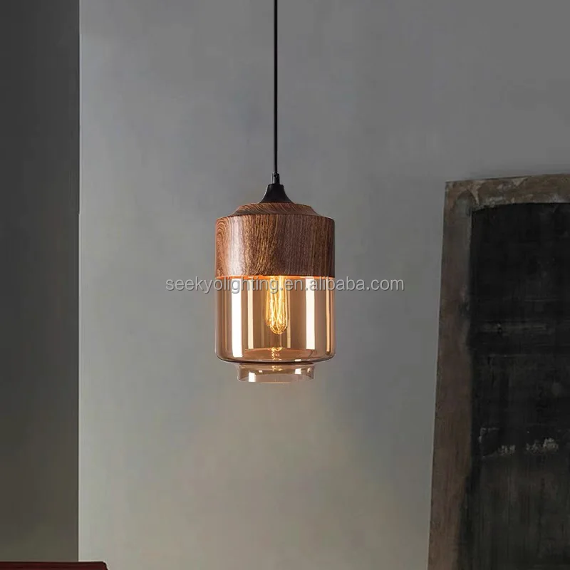 Vintage Wood Pendant Light Modern Decorative Wooden Chandelier Amber Glass Led Chandelier Wood Dining Table For Restaurant