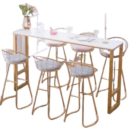 
Nordic modern simple commercial use household furniture metal legs bar chair and table sets high feet long narrow bar desk 