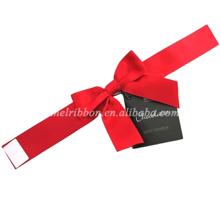 Custom Chocolate candy perfume pre-tied satin gift ribbon fabric bows with adhesive sticker for boxes