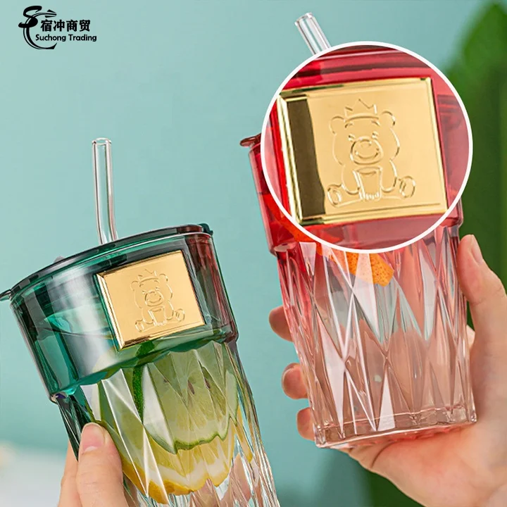 Little Bear Flower Clear Bamboo Glass Tea Coffee Cup Mugs With Lid And Straw