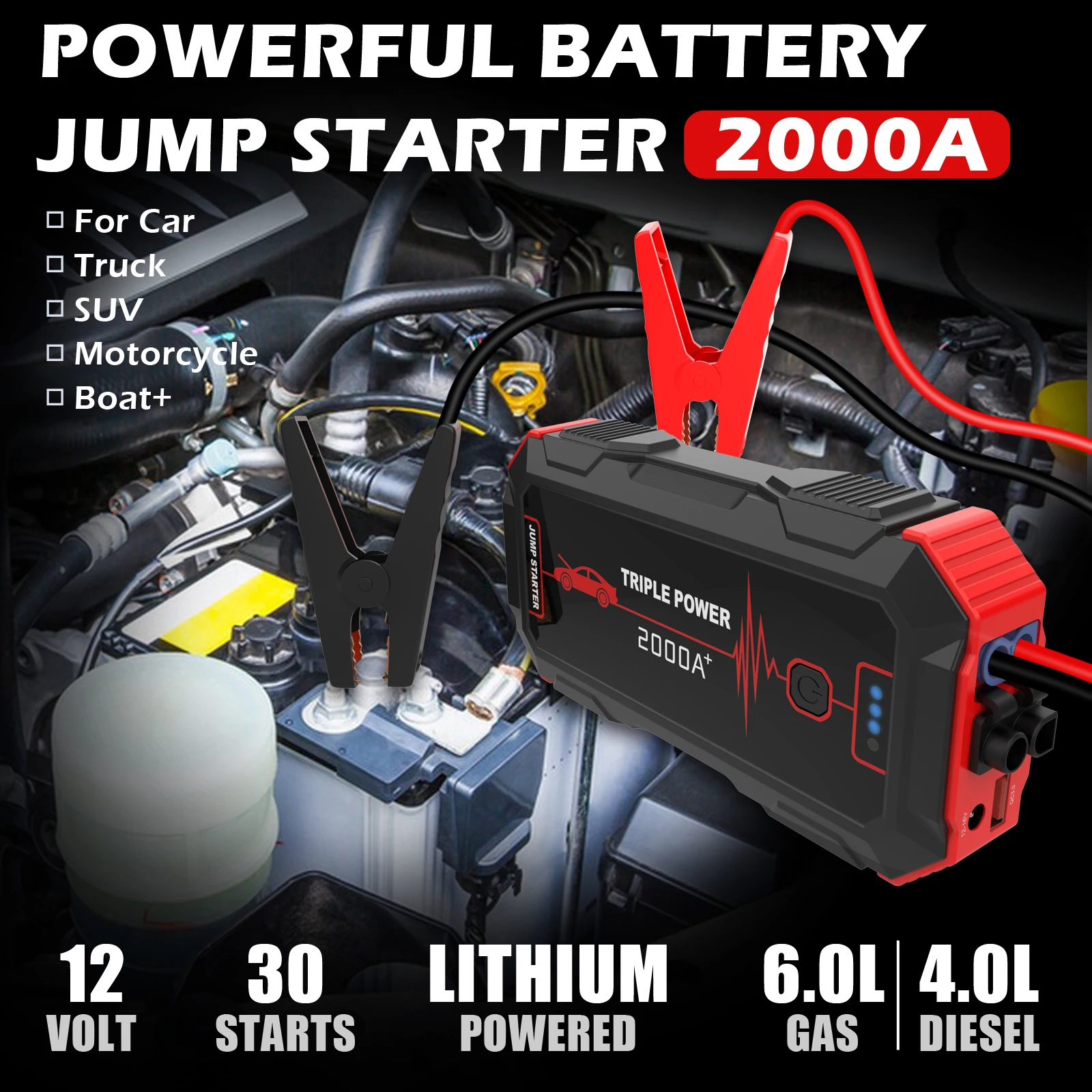12v car battery jump starter intelligent booster cable with clamps for emergency tools portable car jump starter