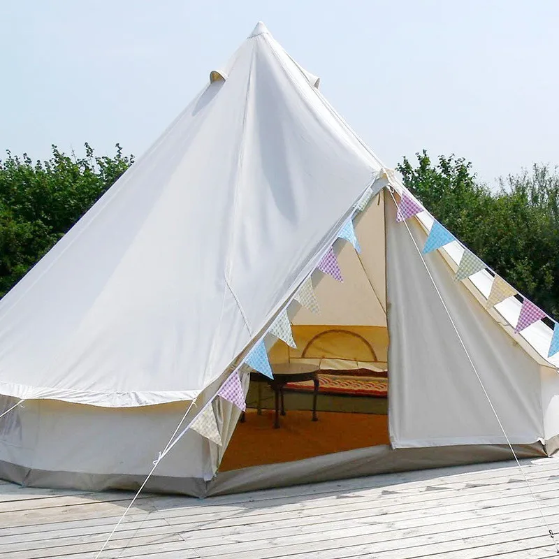 Qibu 4-season Waterproof Cotton Canvas Large Family Camp Beige Color Bell Tent Hunting Wall Tent With Roof Stove Jack Hole
