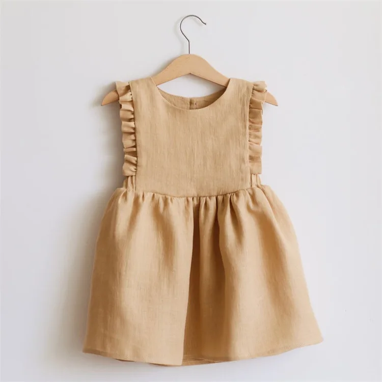 RTS Australia UK US Designer Toddler Children Dresses Puff Short Sleeve Cotton and Linen Princess Party Kids Dress Girls Linen