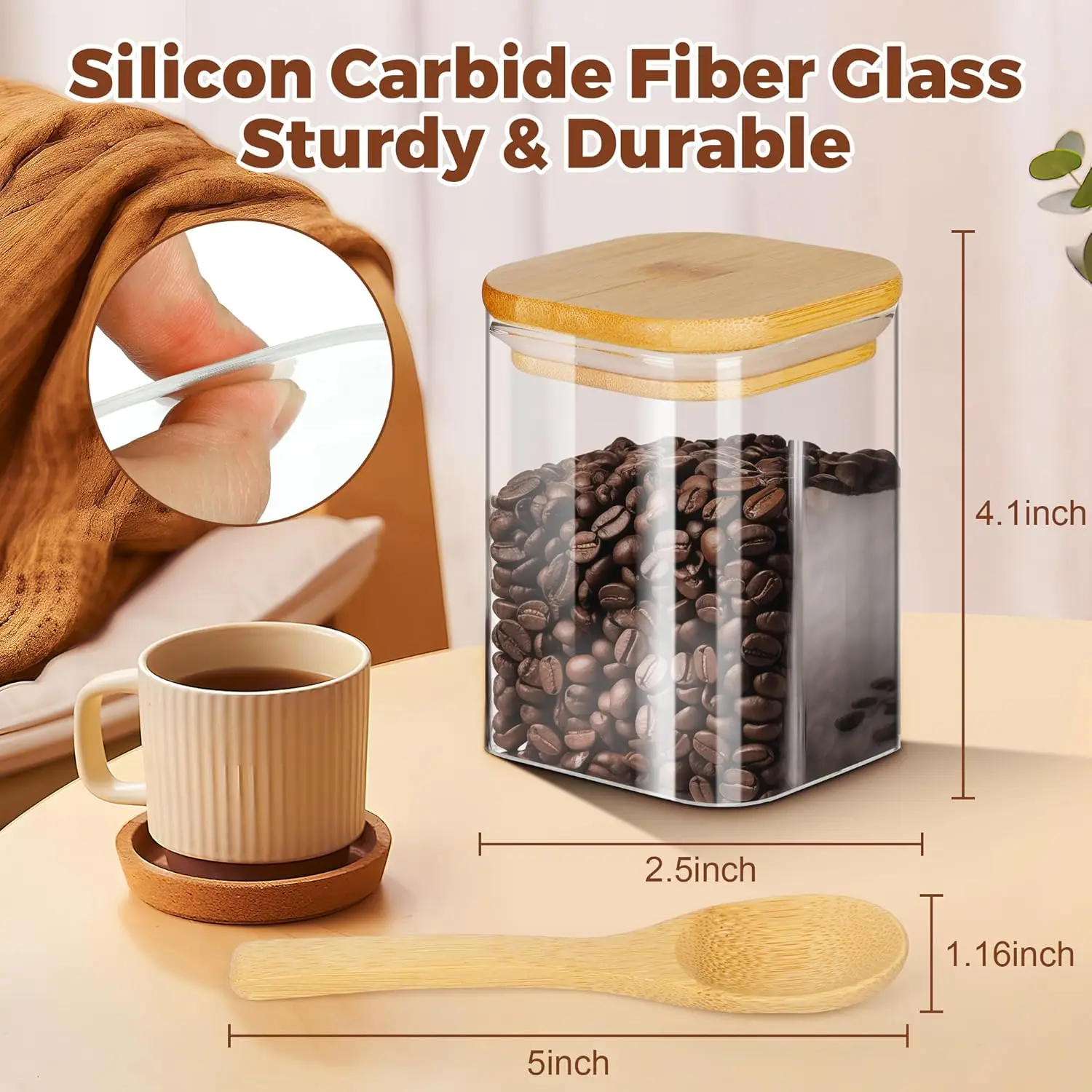 Hot selling square transparent 450ml 530ml 800ml 1000ml glass food container glass containers with airtight bamboo lid and spoon