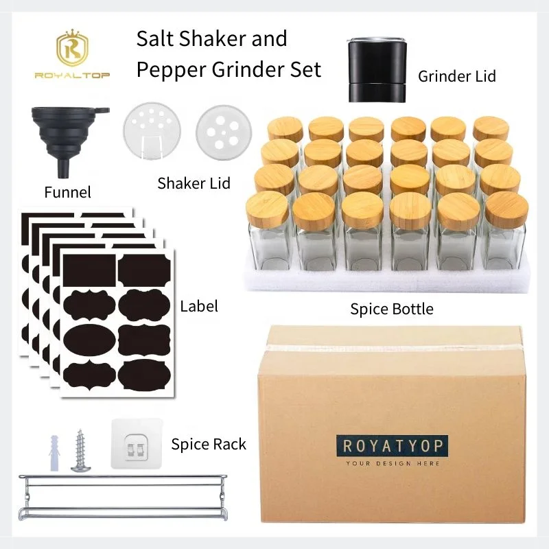 Kitchen Organizer BPA Free Storage Container Salt Shaker Pepper Chili Seasoning Square Bottles Glass Spice Jar Set With Shelf
