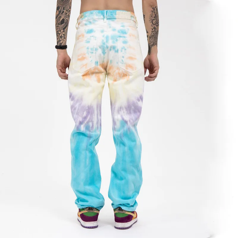 Custom high street baggy denim  loose multicolor tie dye jeans men denim jeans wide leg  jeans for men