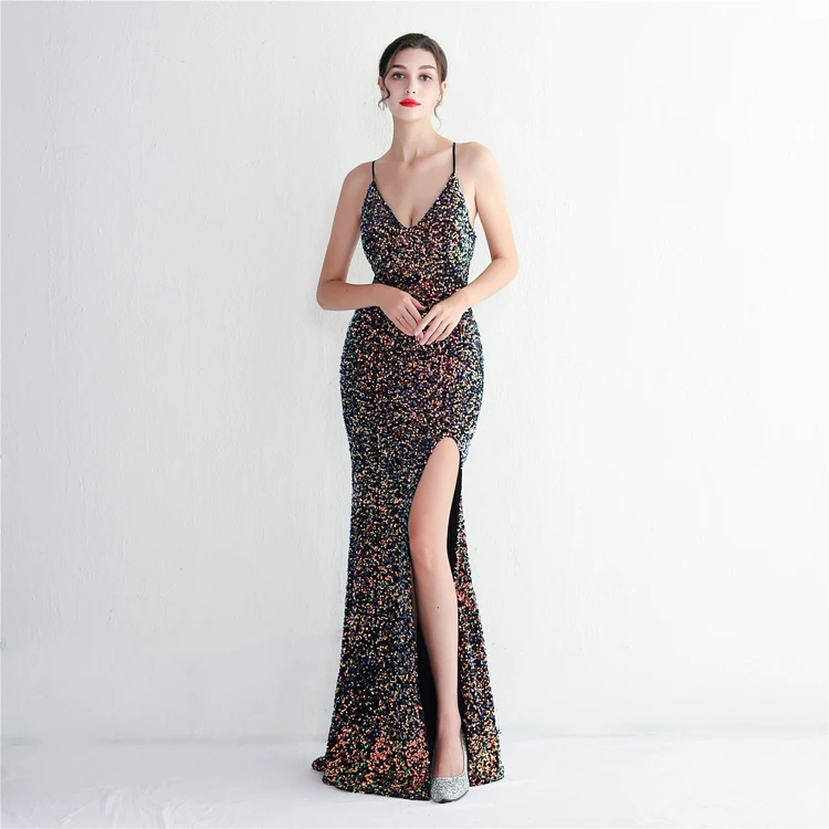 Velvet sequins new spaghetti strip evening dress women colorful sequined banquet slim evening dress Hot style slit ball gown