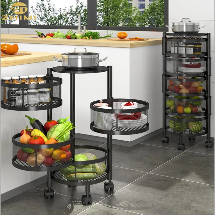 Carbon Steel 5 Tiers Kitchen Shelf  Movable Round Kitchen Trolley Cart Storage Vegetable Fruit Basket Rack