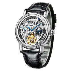 Часы мужские механические, Роскошные наручные часы-скелетоны с кожаным ремешком, с лунным турбийоном, Прямая поставка