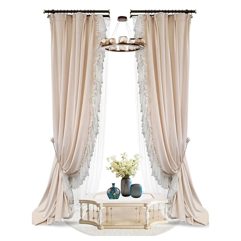 French Rococo light luxury romantic tend curtain cheap thickened shading Green grey velvet embroidered lace curtains for bedroom