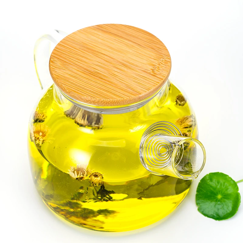 Modern 800ml 1000ml 1200ml Transparent Borosilicate Glass Tea Maker Chinese Tea Pot Bamboo Lid Glass Teapot with Colourful Box