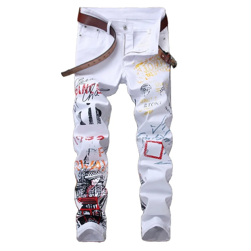European and American white print fashion cutting-edge young jeans