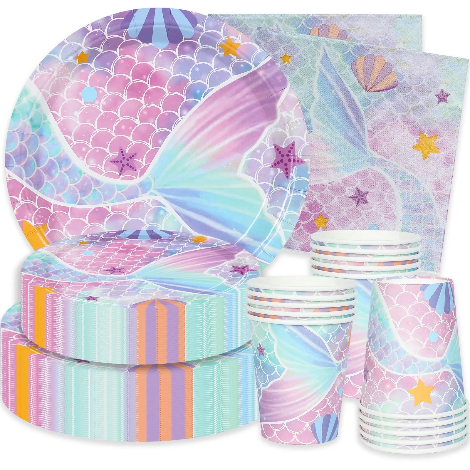 Pink Blue Mermaid Tableware Sets Mermaid Paper Plates Napkins Cups Straw for Girls Kids Birthday Party Supplies
