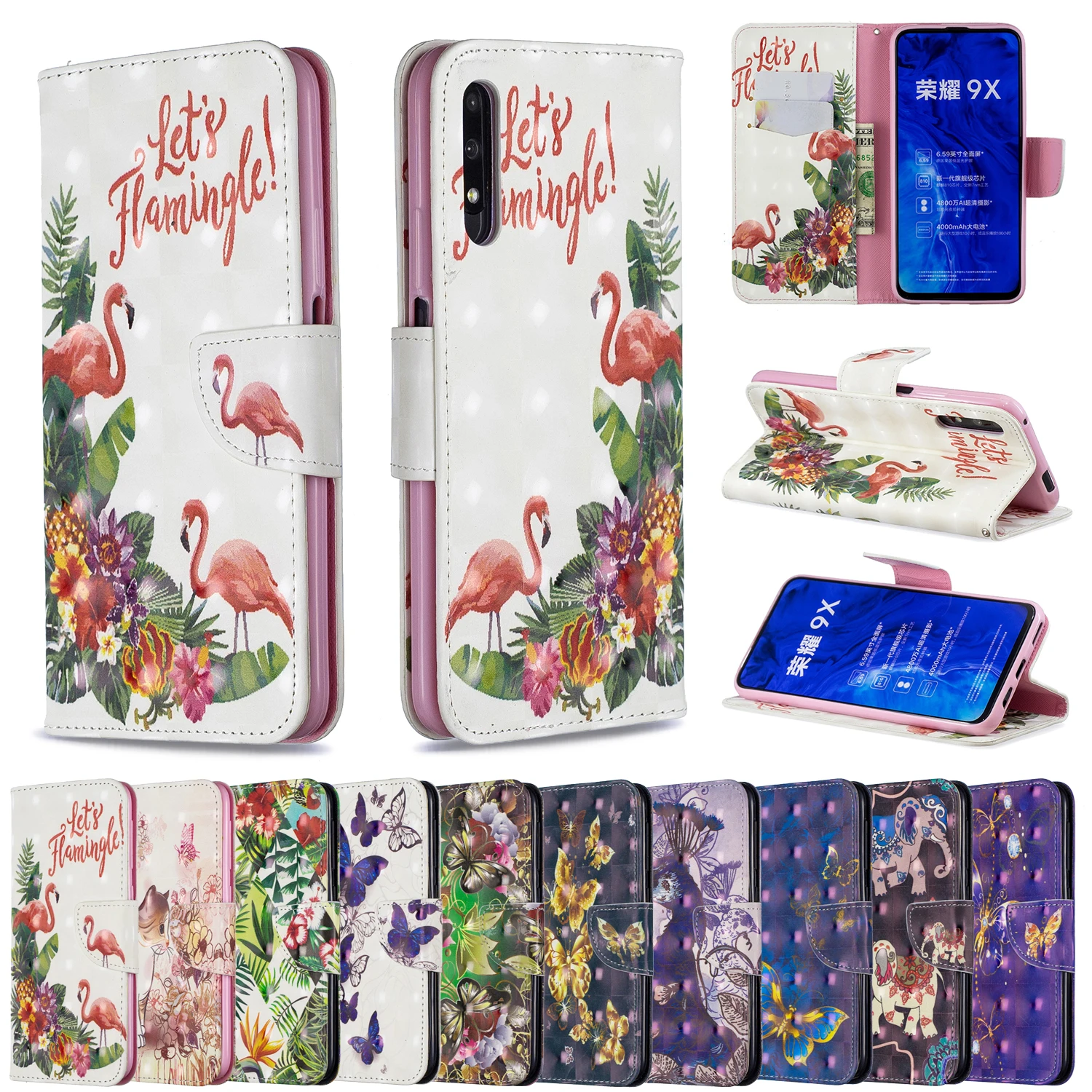 3D Painted Phone Cases For Honor 9X Pro Cover Magnetic Wallet Flip Leather Phone Bag For Huawei Honor 9 X 9xpro Coque